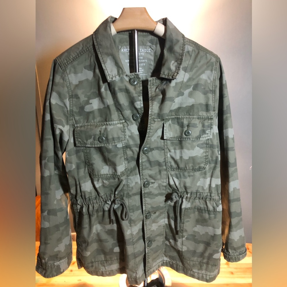 AEO Jacket Green Army Olive Utility Light Thin Sz L